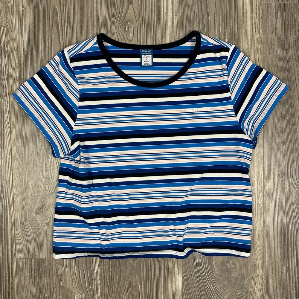 Old Navy Reissue '94 Blue Striped Logo T-Shirt Size L Retro Y2K Tee